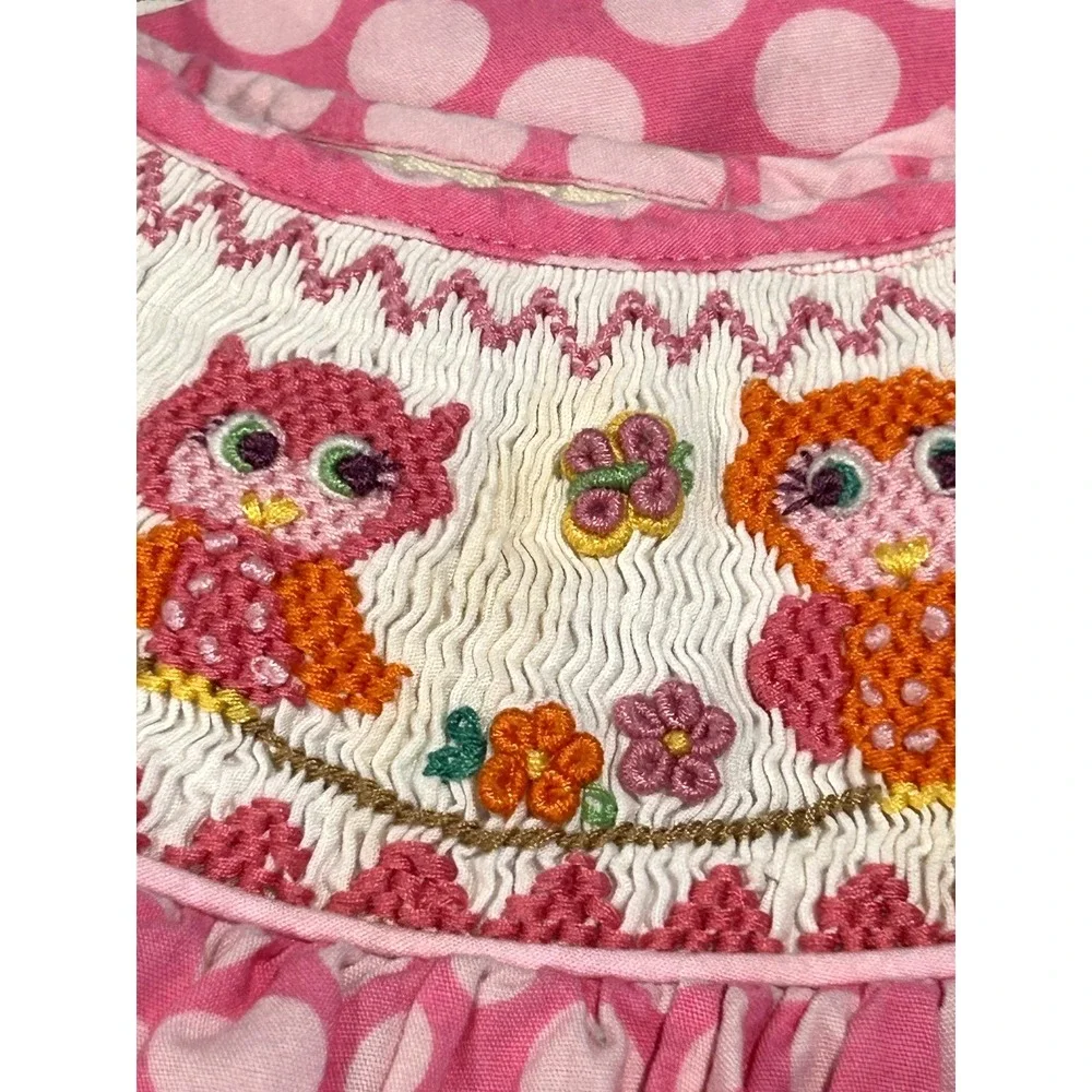 Girl's marmellata smocked Dress Pink Polka Dots Owls Butterflies Flowers Size 3T